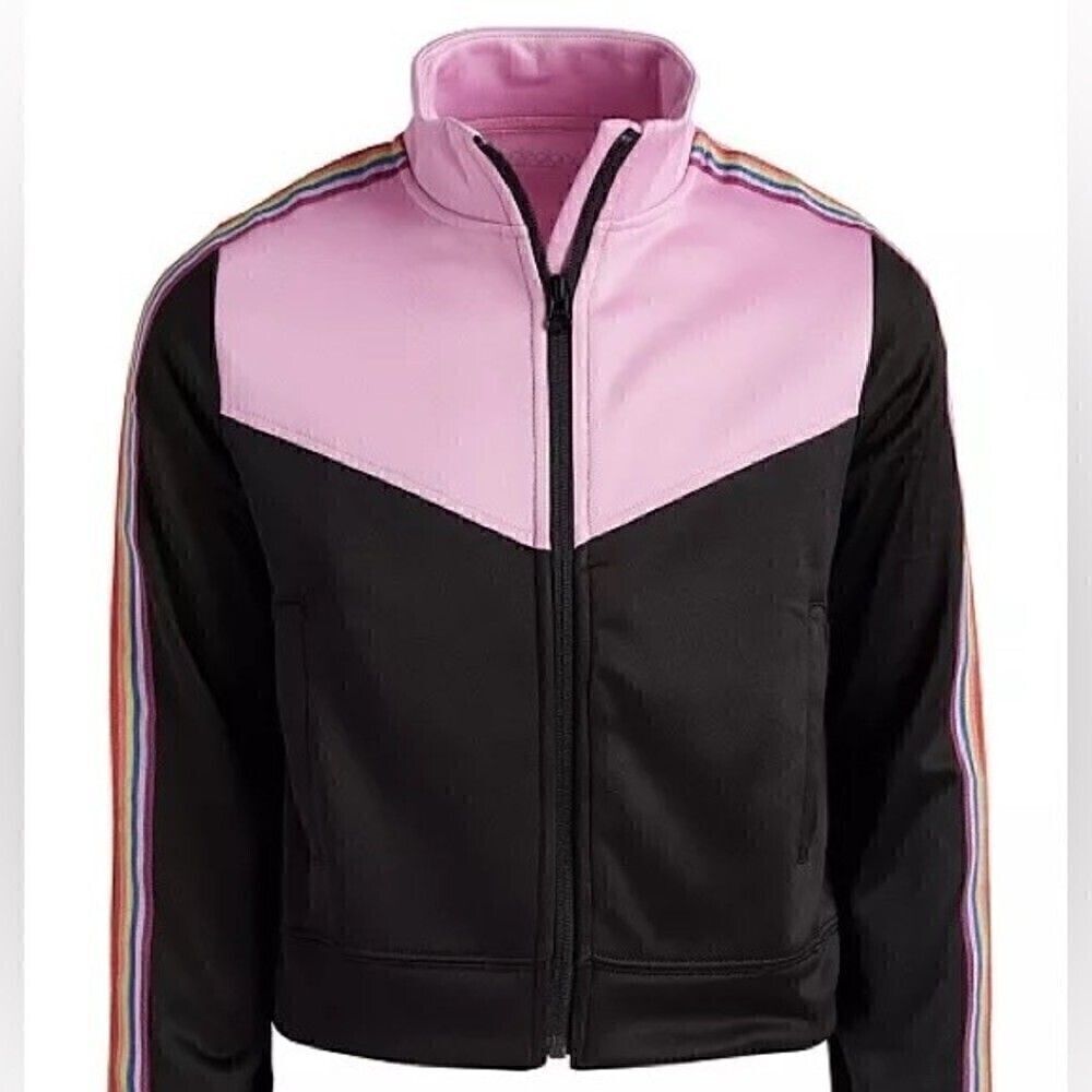 New Ideology Big Girls Rainbow Striped Track Jacket Pink/Black sweater s…